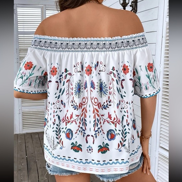 Boho Floral Print Off Shoulder Top Blouse Shirt White - Picture 2 of 8